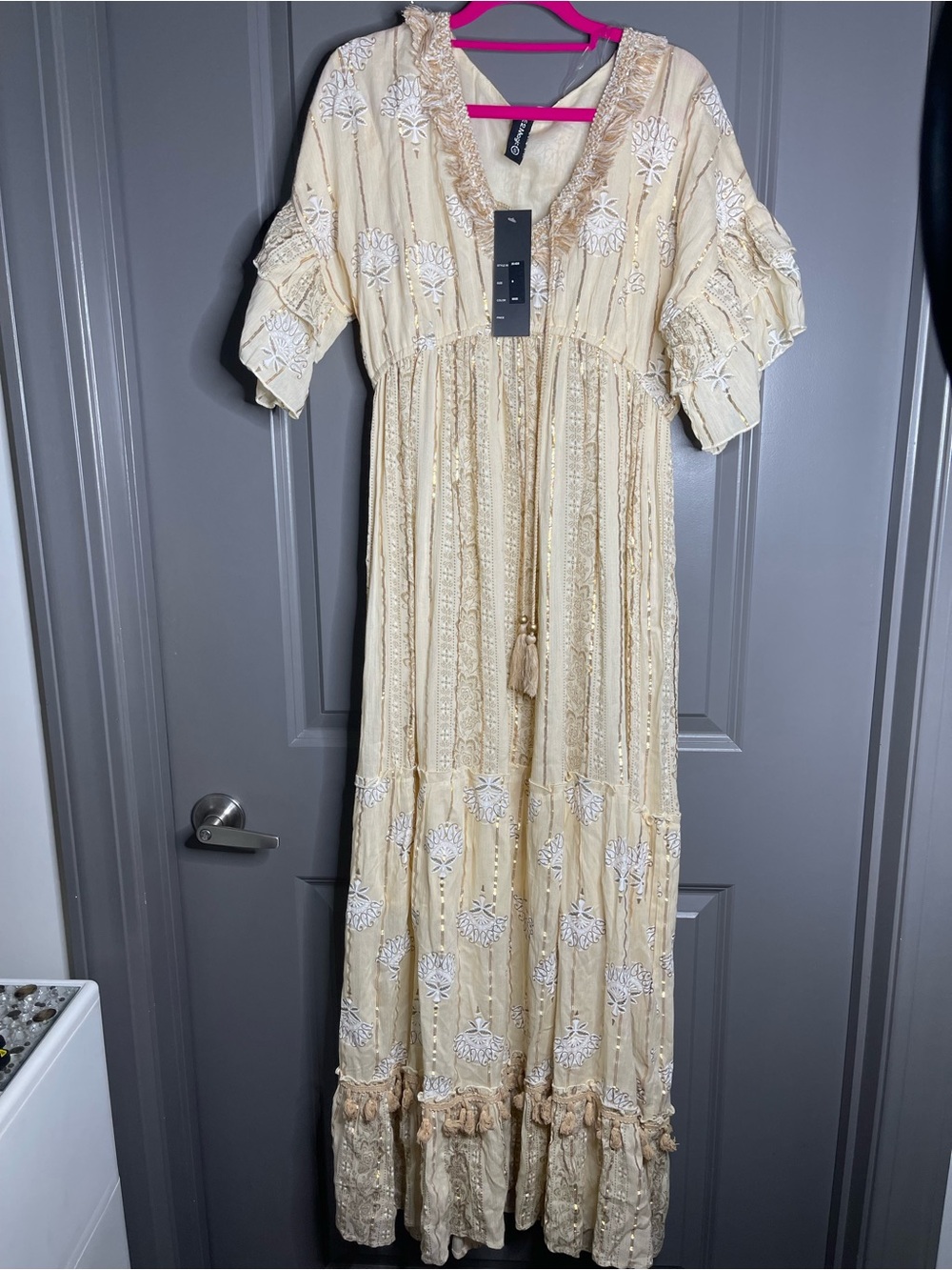 Gold metallic threads  Boho Embroidered Maxi Dress smalll NWT